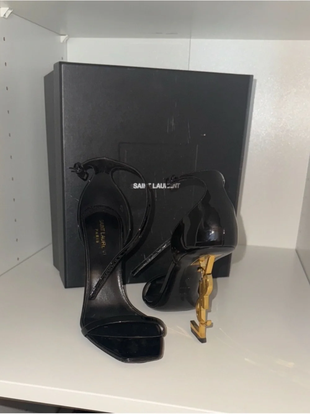 Saint Laurent Black Patent Leather Stiletto Sandals with Gold Accent - Picture 8 of 9